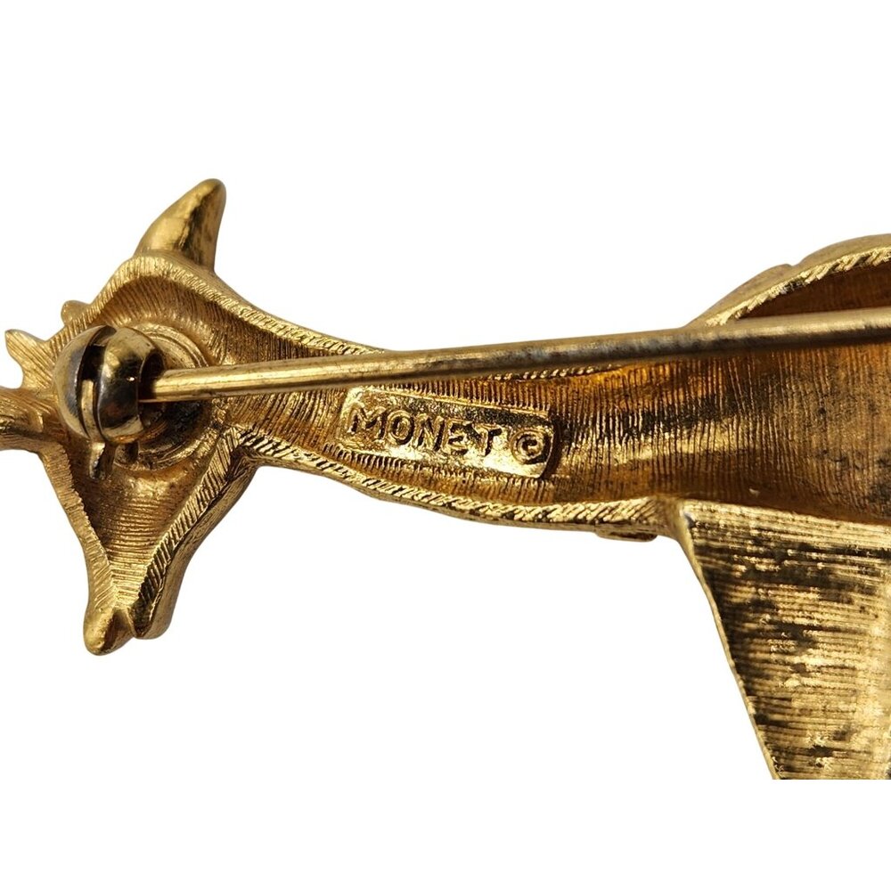 Vtg Monet Baby Giraffe Brooch Gold Tone Textured Running Figural Pin Rhinestone - Picture 6 of 6